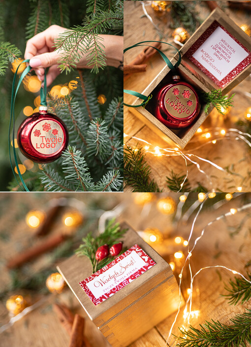  drobne prezenty dla firm Prezent Biznesowy Na Święta z Logo Ekskluzywna Bombka z logo na choinkę z Logo Firmy życzenia zapakowane w  drewniane pudełko 