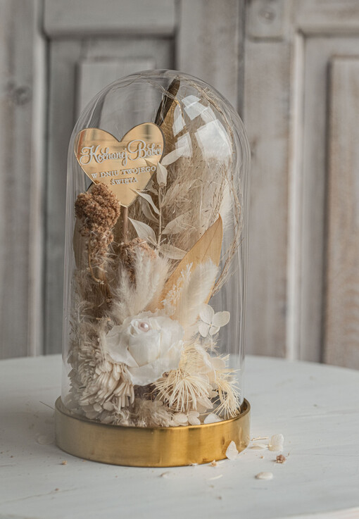  Prezenty dla Babci Prezent dla Babci flowerbox, podziekowanie dla babci biała biały naturalny flowerbox szklana kopuła z kwiatami, suszone kwiaty w szkle, biała wieczna róza, kwiaty w szkle