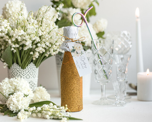  brokatowe butelki podziękowania podarunki dla gości weselnych, brokatowe szampany, prezent dla gości na weselu złote mini szampany 