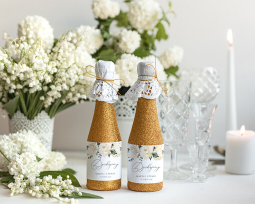  brokatowe butelki prezenciki dla gości weselnych, świecące butelki