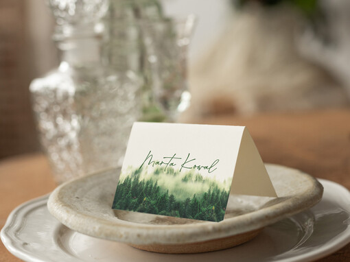  Nowoczesne prosta forma  wizytówki weselne z grafiką góry i las  delikatna grafika na winietkach ślubnych, proste i eleganckie winietki na stół weselny, wizytówki ślubne ecru z grafiką