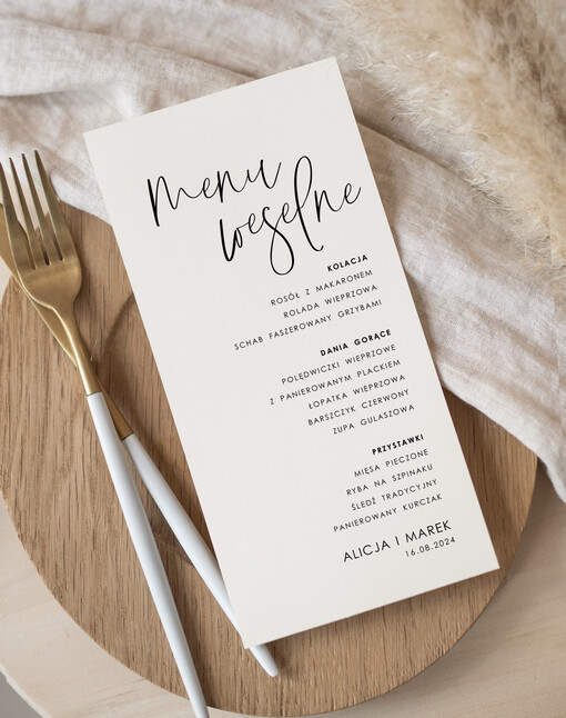  Nowoczesne prosta forma  proste menu weselne w kolorze ecru, karta dań weselnych, menu weselne, plan podawania posiłków, menu dopasowane do zaproszeń