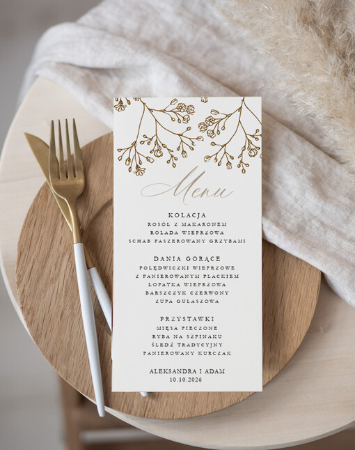  Nowoczesne prosta forma  kwiatowe menu na stoły weselne, karta dań na wesele, proste menu weselne w kolorze ecru, karta dań weselnych, menu weselne, plan podawania posiłków na weselu