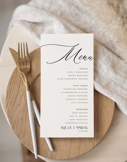  Nowoczesne prosta forma  proste menu weselne w kolorze ecru, karta dań weselnych, menu weselne, plan podawania posiłków, menu dopasowane do zaproszeń
