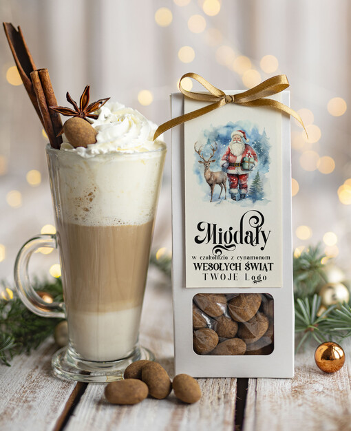  CHRUPKIE DODATKI Migdały w belgijskiej mlecznej czekoladzie z cynamonem drobne prezenty biznesowe dla firm, drobne słodycze upominki na święta dla pracowników, prezent bożonarodzeniowy dla pracowników i kontrahentów, drobne prezenty firmowe