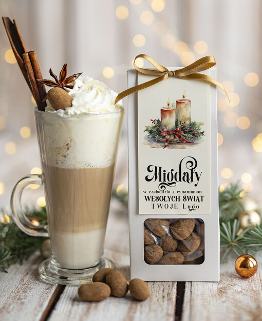  CHRUPKIE DODATKI Migdały w belgijskiej mlecznej czekoladzie z cynamonem drobne prezenty biznesowe dla firm, drobne słodycze upominki na święta dla pracowników, prezent bożonarodzeniowy dla pracowników i kontrahentów, drobne prezenty firmowe