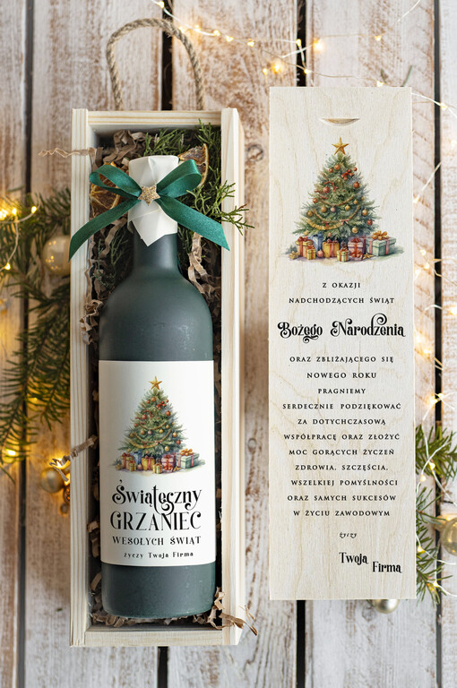  GRZANIEC Grzaniec ze świąteczną etykietą w drewnianej skrzynce z nadrukiem, firmowe świąteczne prezenty dla klientów, upominki prezenty biznesowe dla firm,