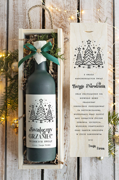  GRZANIEC Grzaniec ze świąteczną etykietą w drewnianej skrzynce z nadrukiem, firmowe świąteczne prezenty dla klientów, upominki prezenty biznesowe dla firm,