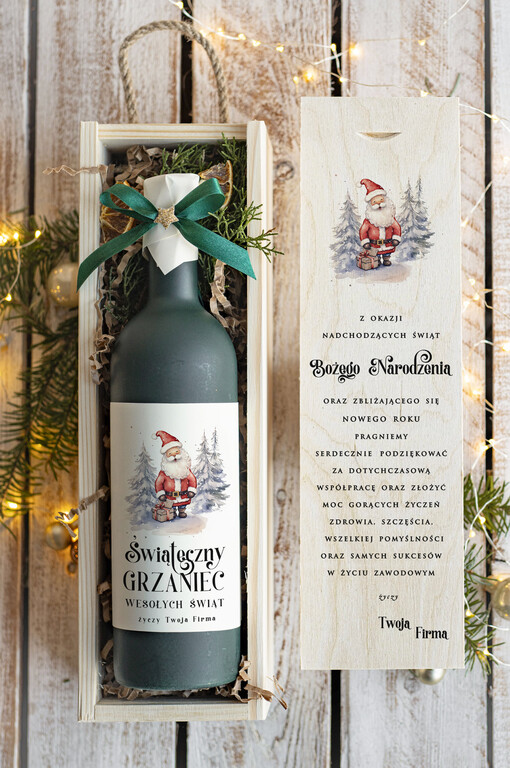  GRZANIEC Grzaniec ze świąteczną etykietą w drewnianej skrzynce z nadrukiem, firmowe świąteczne prezenty dla klientów, upominki prezenty biznesowe dla firm,