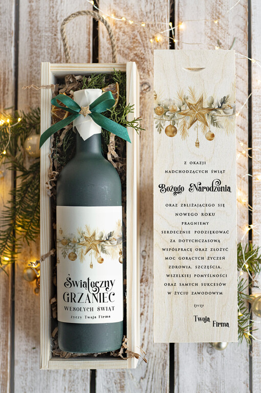  GRZANIEC Grzaniec ze świąteczną etykietą w drewnianej skrzynce z nadrukiem, firmowe świąteczne prezenty dla klientów, upominki prezenty biznesowe dla firm,