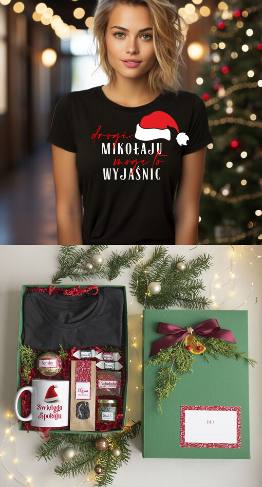  Zestawy z Koszulką  Prezent dla Niej Świąteczna Koszulka z napisem, pomysl na prezent dla mamy pod choinkę zestaw z koszulką , prezent na święta dla dziewczyny Koszulka T Shirt Damski w  Zestawie Prezentowy dla żony