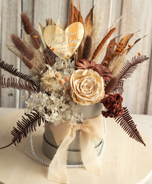  Kompozycje Kwiatowe / Flowerboxy podziekowania dla rodzicow prezent dla mamy i taty na wesele, kompozycja z kwiatów suszonych pomysł na prezent dla rodziców, wieczne róże, flower box dla rodziców