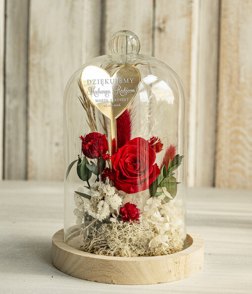  Kompozycje Kwiatowe / Flowerboxy Personalizowane podziękowania dla Rodziców flowerbox z suszonych kwiatów, Wieczna róża Podziękowanie od Młodej pary w szklanej kopule, pomysł na prezent Rodzicom lub Mamie 