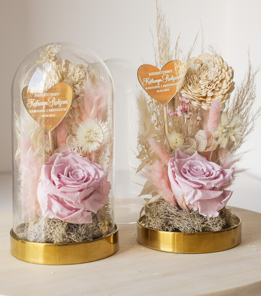  Kompozycje Kwiatowe / Flowerboxy prezent dla Rodziców na wesele, kwiaty dla Rodziców podziękowanie, suszone kwiaty w szkle, różowa wieczna róża, podziękowanie dla Rodziców kwiaty w szklanej kopułce