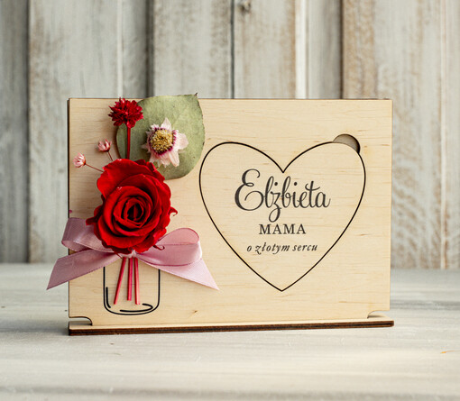  kwiaty flowerboxy drewniana tabliczka z życzeniami na dzień Mamy z wieczną rożą prezent z okazji dnia Matki, kwiaty prezent dla mamy,