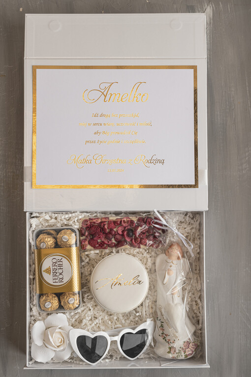 boxy prezentowe Zestaw Prezentowy od Chrzestnych na Pierwszą komunię, Box Komunijny gotowe życzenia