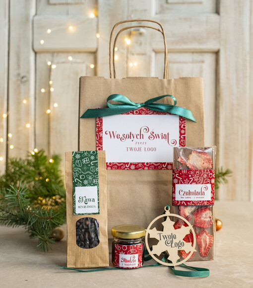  mini zestawy  upominki świąteczne dla klientów z logo firmy Małe boxy prezentowe zestawy z kawą i herbatą miody 