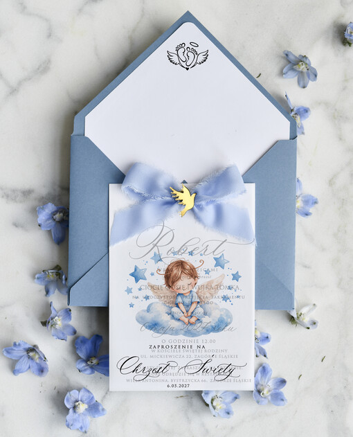 ZAPROSZENIA NA CHRZCINY dla chłopca klasyczne Zaproszenie na Chrzest z kalką, Eleganckie Zaproszenia na Chrzciny ze Zdjęciem 