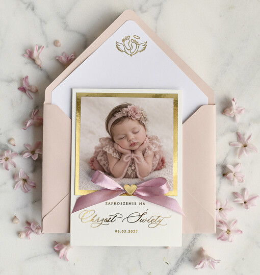  dla dziewczynki  Złocone Zaproszenie na Chrzest, Eleganckie Zaproszenia na Chrzciny ze Zdjęciem 