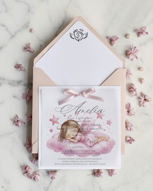  dla dziewczynki   Różowe Zaproszenie na Chrzest z Aniołkiem, Eleganckie Zaproszenia na Chrzciny ze Zdjęciem 