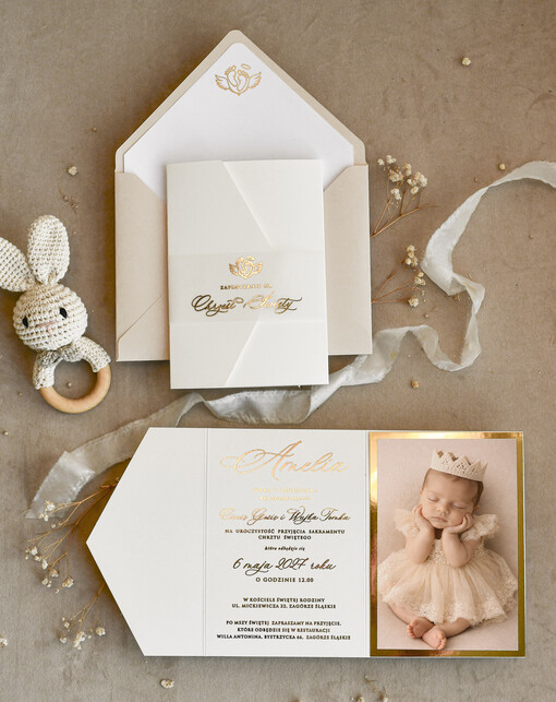  dla dziewczynki  Złocone Zaproszenie na Chrzest, Eleganckie Zaproszenia na Chrzciny ze Zdjęciem 