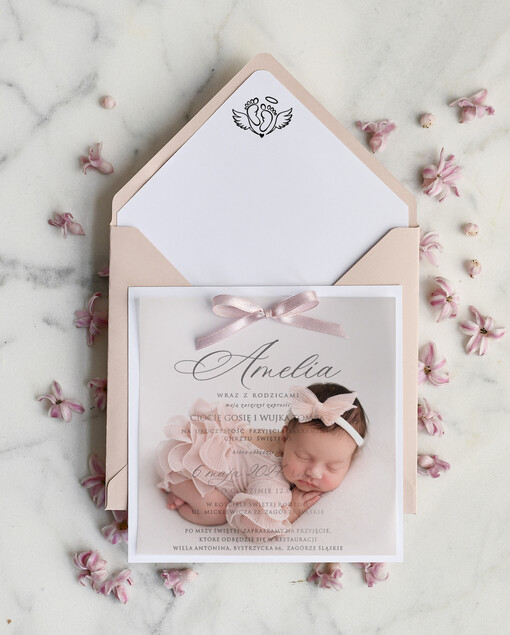  dla dziewczynki  klasyczne Różowe Zaproszenie na Chrzest z kalką, Eleganckie Zaproszenia na Chrzciny ze Zdjęciem 