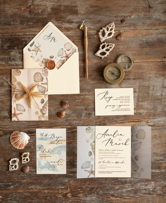 Zaproszenia ślubne morskie / marine orginalne zaproszenia morskie z rozgwiazdą na ślub wesele nad morzem  03/rozgkal/z