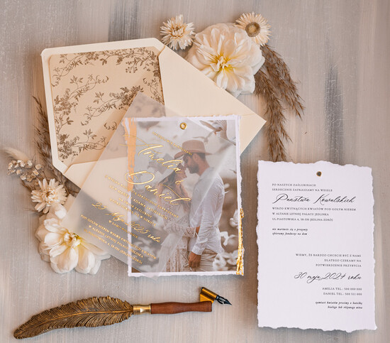 Zaproszenia ślubne Ze zdjęciem  niepowtarzalne zaproszenia ślubne ze zdjęciem, zaproszenia na ślub z płatkami złota, złote zaproszen 01/ZdKalZł/z25