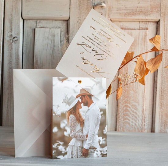 Zaproszenia ślubne Ze zdjęciem  Eleganckie Złocone zaproszenia ślubne ze zdjęciem foto zaproszenie na ślub Złote Litery  Proste Zapr 04/fotokalkak/z25