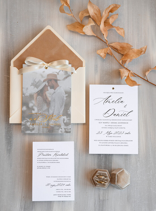 Zaproszenia ślubne Ze zdjęciem  robione ręcznie zaproszenia ślubne, fotozaproszenia z welurową kopertą, eleganckie zaproszenia na śl 01/ZdKalWsZłVel/z25