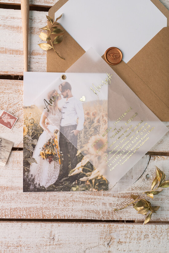 Zaproszenia ślubne Ze zdjęciem  Minimalistyczne Złocone zaproszenia ślubne ze zdjęciem foto zaproszenie na ślub Złote Litery i Wasze 1/fotokalkas/z