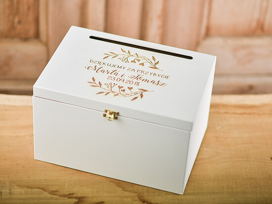 Pudełko na koperty  DREWNIANE Kufer na koperty ślubne biała Drewniana skrzynka życzeń personalizowane drewno grawer wasze imiona i 05/dr/kopr