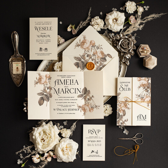 Zaproszenia ślubne Natura delikatne zaproszenia ślubne z kwiatami, vintage zaproszenia na ślub boho, zaproszenie slubne z róża 01/vintage/z