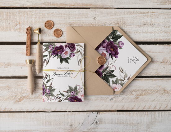 Zaproszenia ślubne Natura rustykalne zaproszenia na ślub ręcznie robione bordowe kwiaty eko koperta 11/VbotF/z