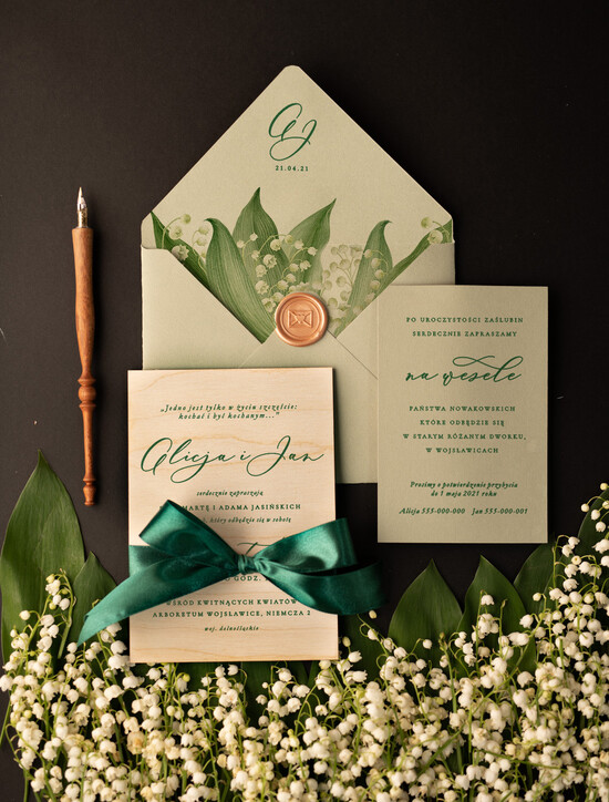 Zaproszenia ślubne Natura Drewniane Zaproszenia na 1 Komunię Świętą Rustykalne zaproszenia ślubne na ślub majowy z Konwalją -  01/konw/z