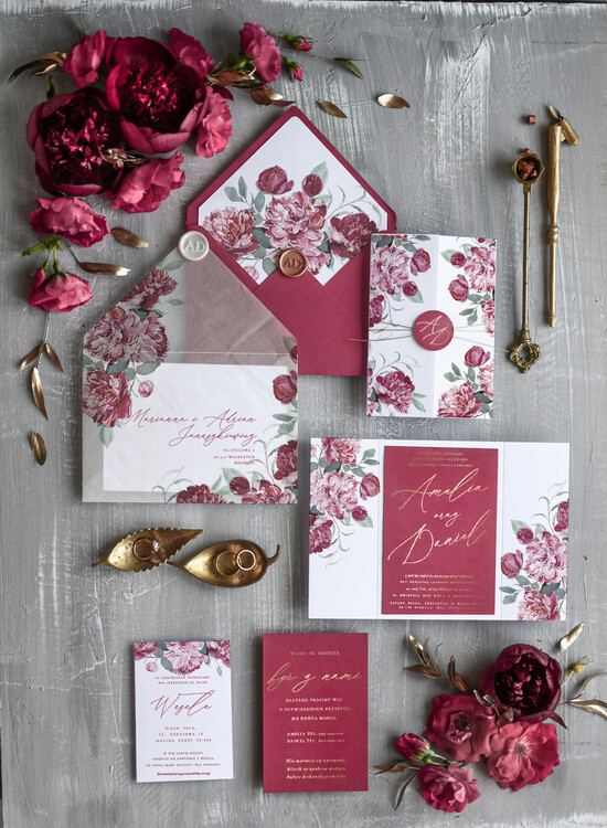 Zaproszenia ślubne Natura rustykalne zaproszenia ślubne bordowe  piwonie  zaproszenie na ślub cywilny i nie tylko 05/owb/z