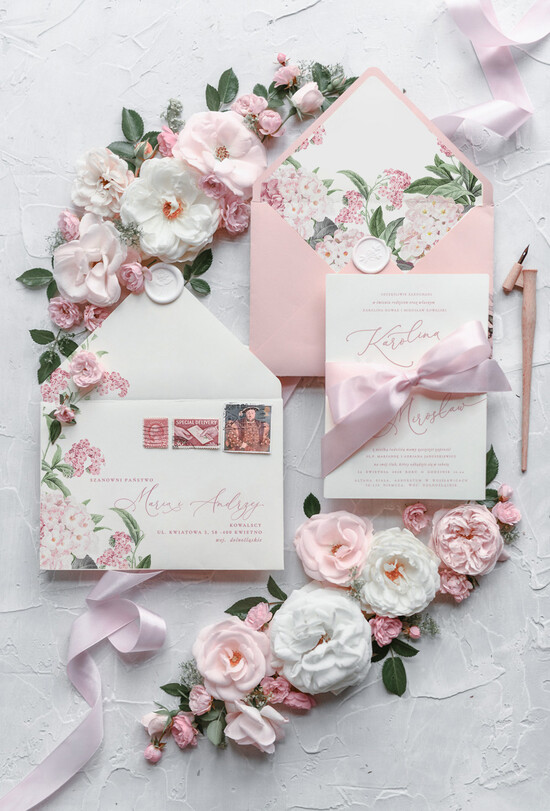 Zaproszenia ślubne Natura zaproszenia ślubne rózowe niezapominajki i hortensje boho rustykalne zaproszenie na ślub    02/roses/z