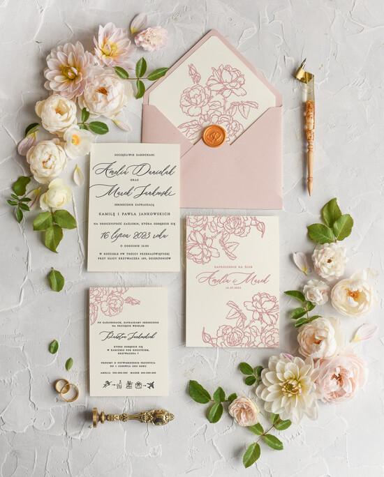 Zaproszenia ślubne Natura Proste Boho Zaproszenia Ślubne Różowe Róże  Minimalistyczne Zaproszenia na Ślub Delikatne Zaproszeni 20/Vbot/z