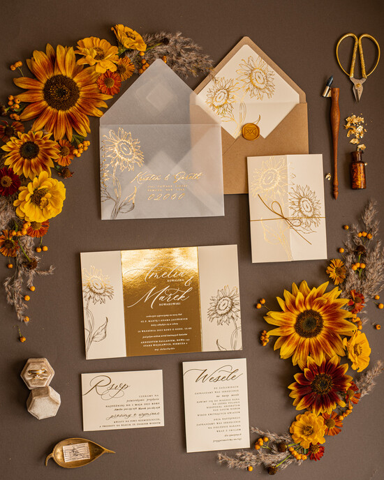 Zaproszenia ślubne Złote Glamour Złote  Minimalistyczne zaproszenia ślubne, złocone Słoneczniki zaproszenie ślubne Nowoczesne zaprosz 01/goldSŁ/z