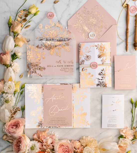 Zaproszenia ślubne Złote Glamour złote zaproszenia ślubne wykonywane ręcznie styl glamour w kolorystyce pudrowego różu i złota 1/glamP/z