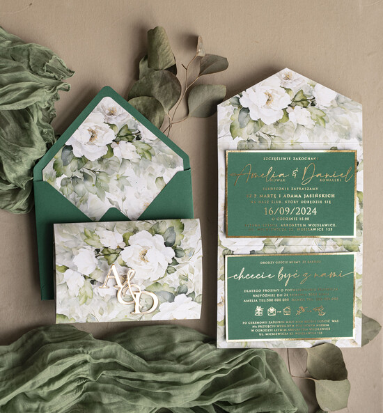 Zaproszenia ślubne Złote Glamour Poziome złote zaproszenia ślubne z lustrzanym monogramem, Kopertowe biało zielone zaproszenie na ślu 03/kopZŁ/z24