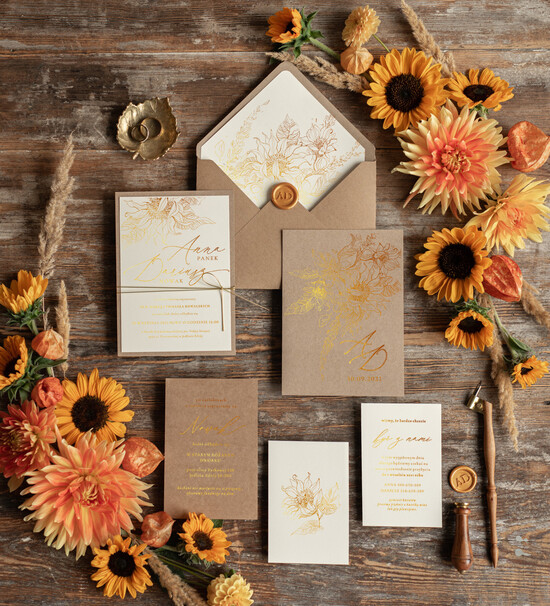 Zaproszenia ślubne Złote Glamour złote rustykalne zaproszenia ślubne słoneczniki ekologiczny papier złocone zaproszenie na ślub ze sł 01/goldrst/z