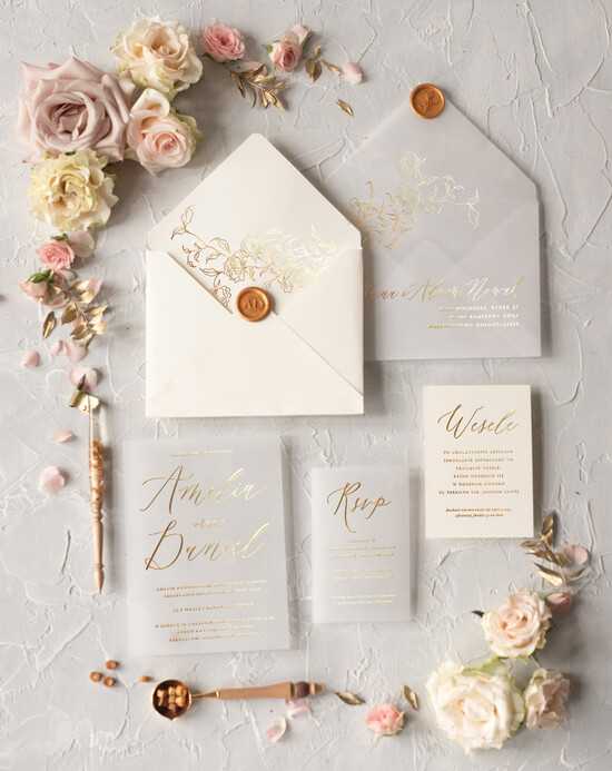 Zaproszenia ślubne Złote Glamour złote zaproszenia ślubne na przezroczystej kalce błyszczące zaproszenie ślubne glamour 02/kalkas/z