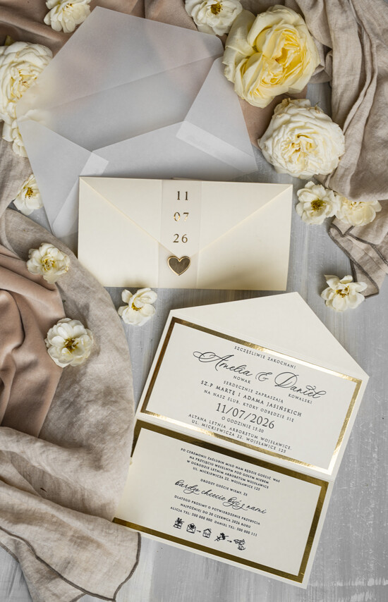 Zaproszenia ślubne Złote Glamour eleganckie złote zaproszenia ślubne, delikatne zaproszenie na ślub, zaproszenie ślubne w stylu glamo 01/kopZŁkalSs/z25