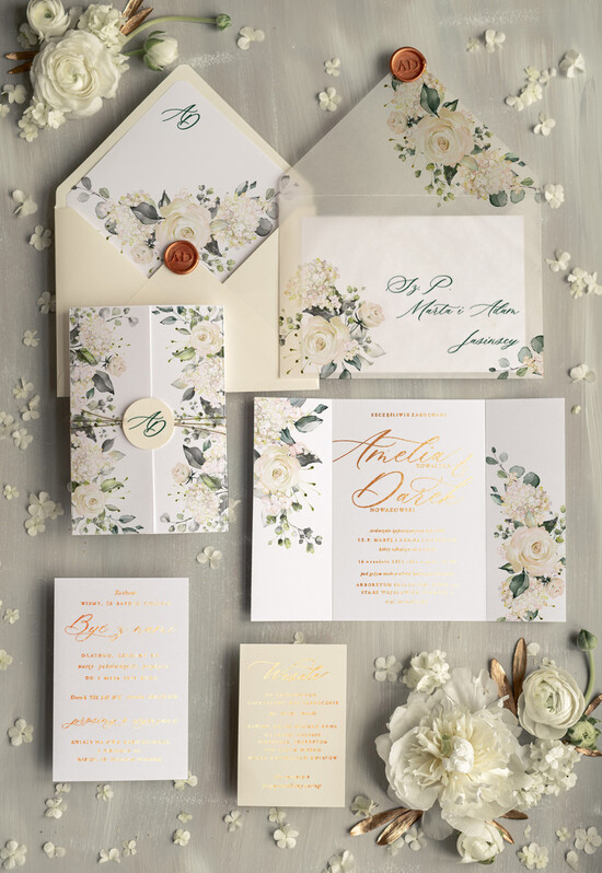Zaproszenia ślubne Złote Glamour delikatne zaproszenia na ślub w plenerze złote i błyszczące litery białe róże, zaproszenie na ślub z 01/ow/z