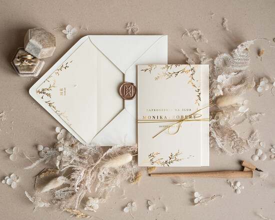 Zaproszenia ślubne Złote Glamour personalizowane zaproszenia ślubne, złoty i srebrny laminat, świecące litery na zaproszeniach  11/goldskl3szn/z