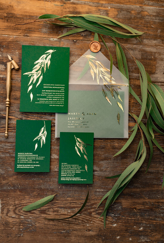 Zaproszenia ślubne Złote Glamour zoelono złote  zaproszenia ślubne eukaliptus listki  zaproszenia na ślub złocone w butelkowej zielen 21/goldk/z