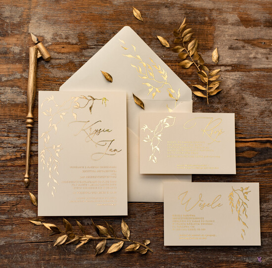Zaproszenia ślubne Złote Glamour  złote błyszczące zaproszenia ślubne z motywen delikatnej galązki w eleganckim stylu glamour   22/gold/z