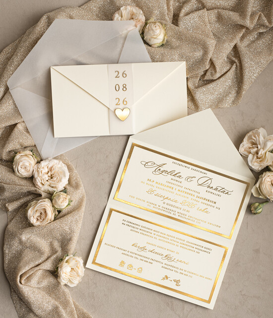 Zaproszenia ślubne Złote Glamour Eleganckie złote zaproszenia ślubne z lustrzanym monogramem, Kopertowe zaproszenie na ślub złocone,  01/KZŁkalSs/z25