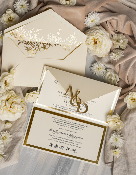 Zaproszenia ślubne Złote Glamour Eleganckie złote zaproszenia ślubne z lustrzanym monogramem, Kopertowe zaproszenie na ślub złocone,  01/kopZŁI/z25